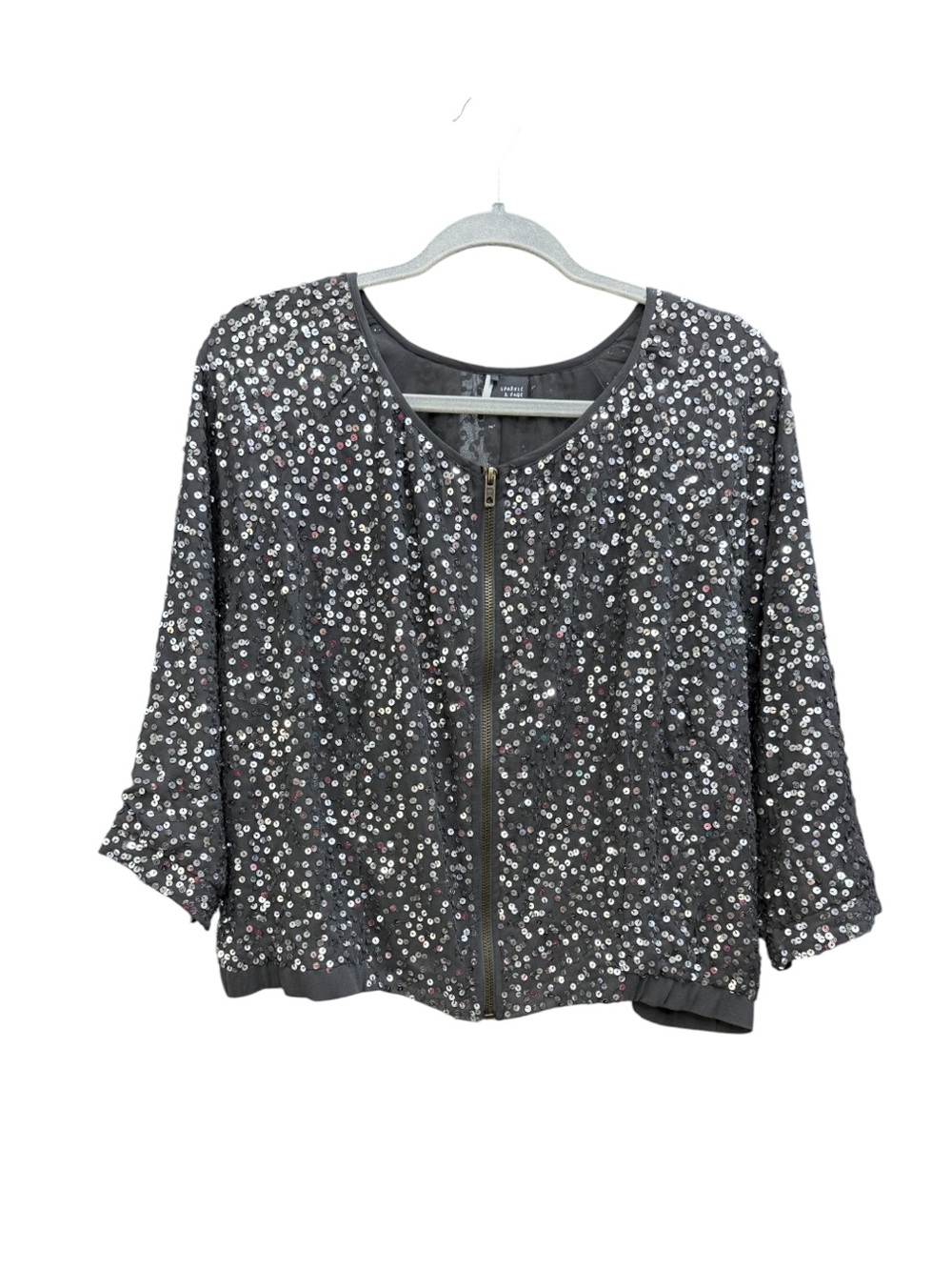Sparkle & Fade Black Sequin Zip-Front Bomber Jacket Urban Outfitters Size L